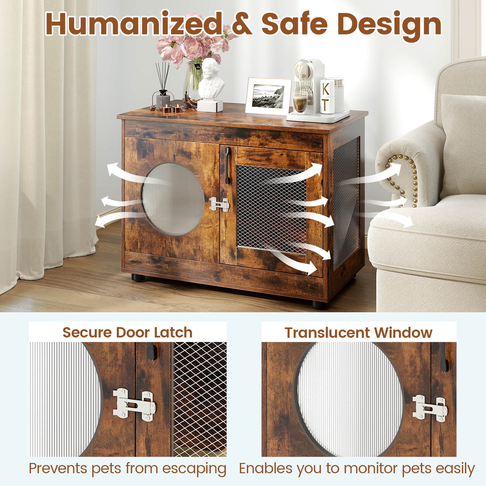 Costway Furniture Style Dog Crate for Small Medium Dogs Translucent Window Lockable Door
