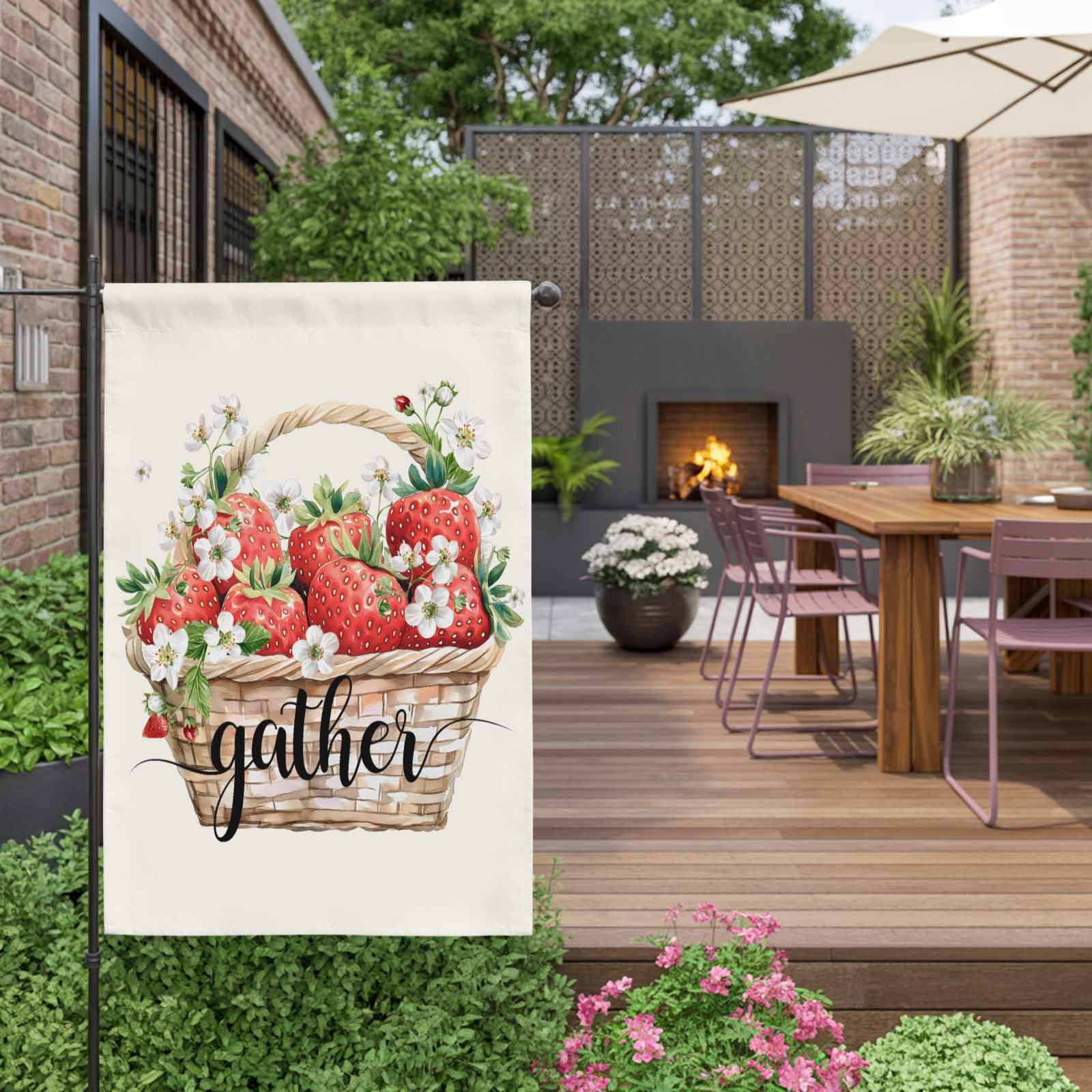 Summer Fruit House Flags For Outdoor, Watercolor Red Strawberry Floral Small Double Side Yard Flags Weather Proof House Decor for Lawn Outside Holiday 28 x 40 Inches
