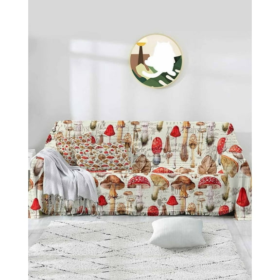 Vintage Mushroom Sofa Covers for 3 Cushion Couch,Washable Sectional & L Shape Couch Covers for Dog/Cat/Kid,Forest Botanical Wild Vegetable Non Slip Sofa Slipcover Tassel Futon Cover 71''x150''