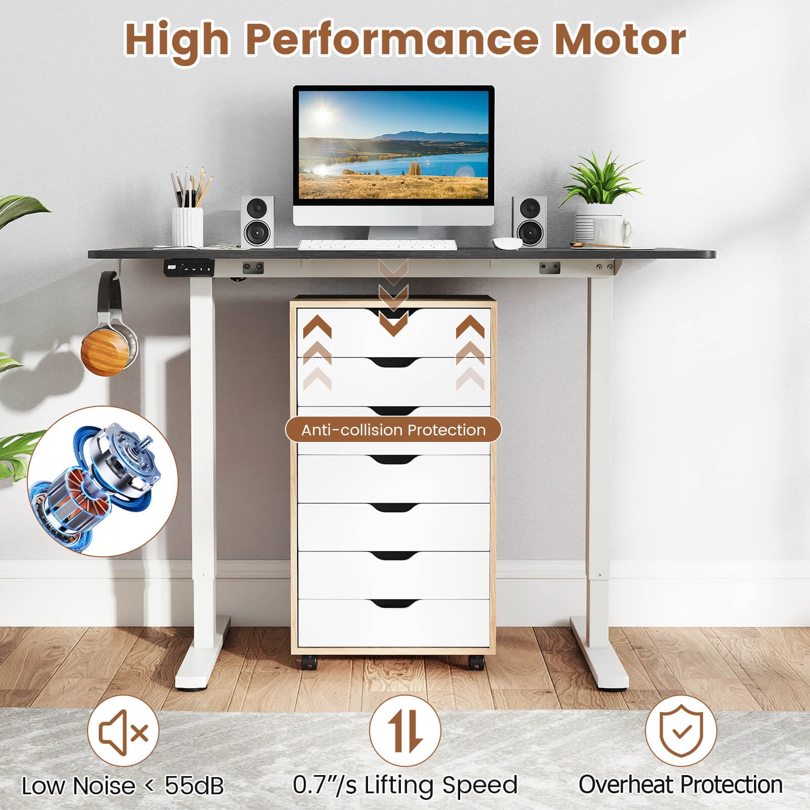 Costway 48” x 24” Electric Standing Desk with LED Display 2 Memory Height Settings for Home Black+White