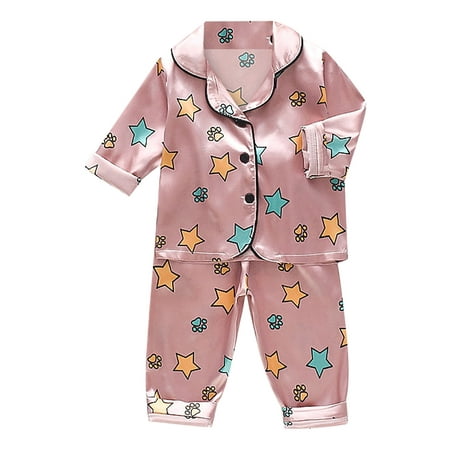 

Girls Boys Pajamas Shorts Set Satin Cartoon Button Down Shirt Tops + Long Pants Silk Sleepwear Outfits Loungewear Set Little Girls Nightgowns Size 80 Hot Pink