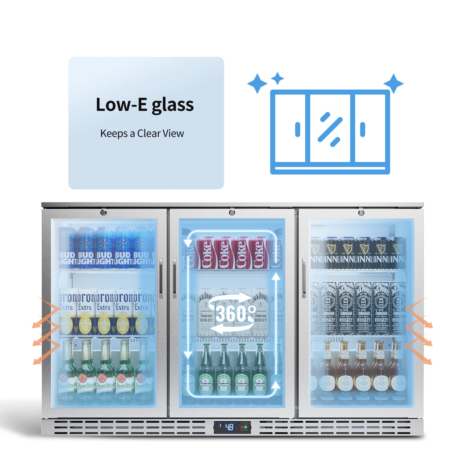 Coolake 53 inch 11.7 cu.ft Back Bar Cooler Commercial Counter Height Beverage Refrigerator with 3 Glass Doors & LED Lighting, 115v