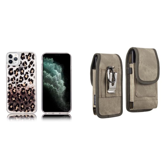 Liquid Glitter Case for iPhone 14 Pro and Belt Holster Pouch (Leopard/Brown)