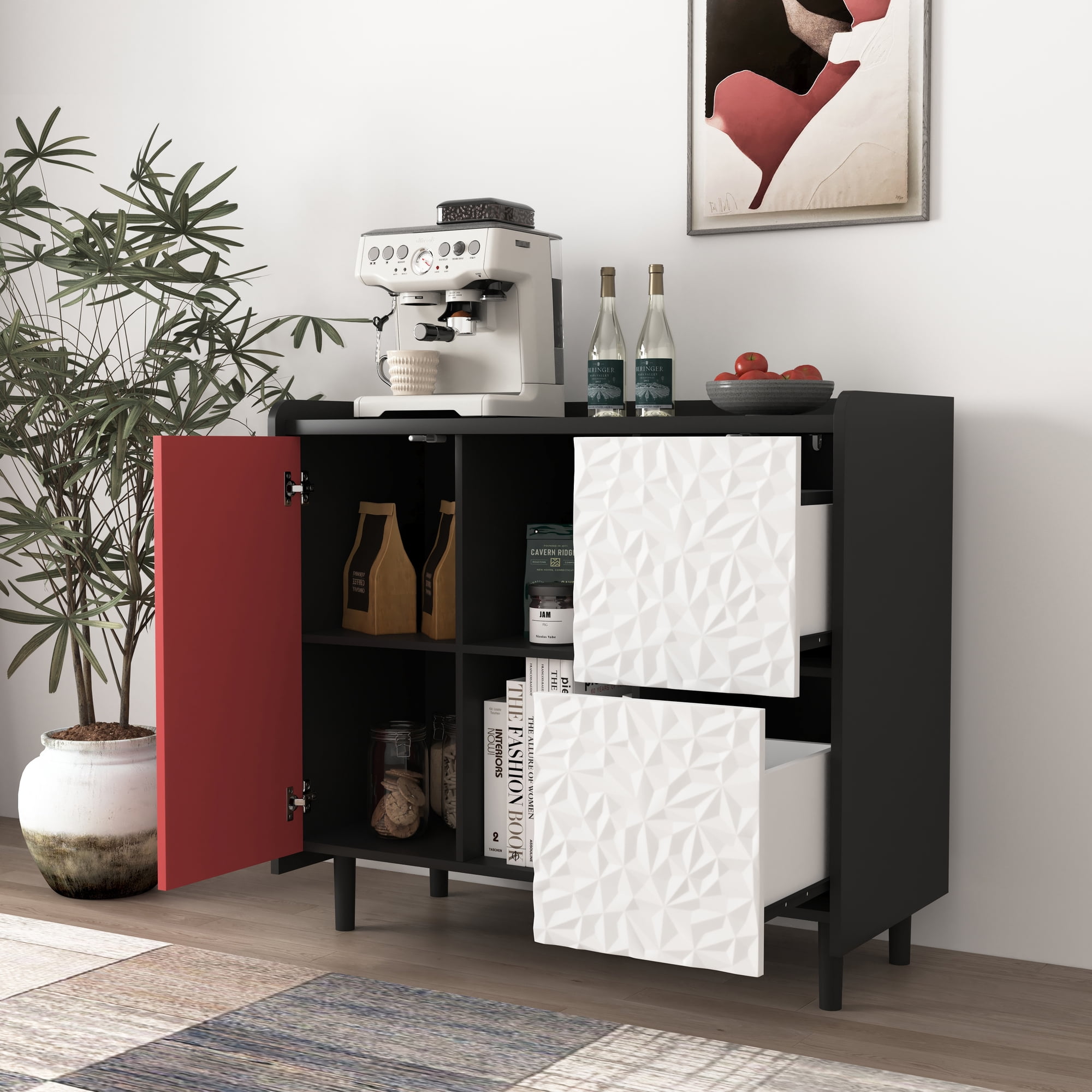 Noble House Sideboard Buffet Cabinet with 2 Drawers and Open Compartments, Black and Red