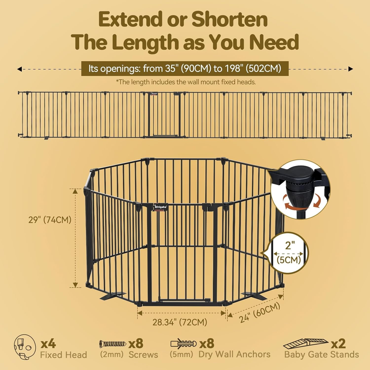 Kfvigoho Dog Gate 35"-199" Extra-Wide Gate for Stairs, Freestanding wire pet door, fireplace dual-locking system with automatic door closing feature, collapsible 6 steel panels (Black, 8 panels)