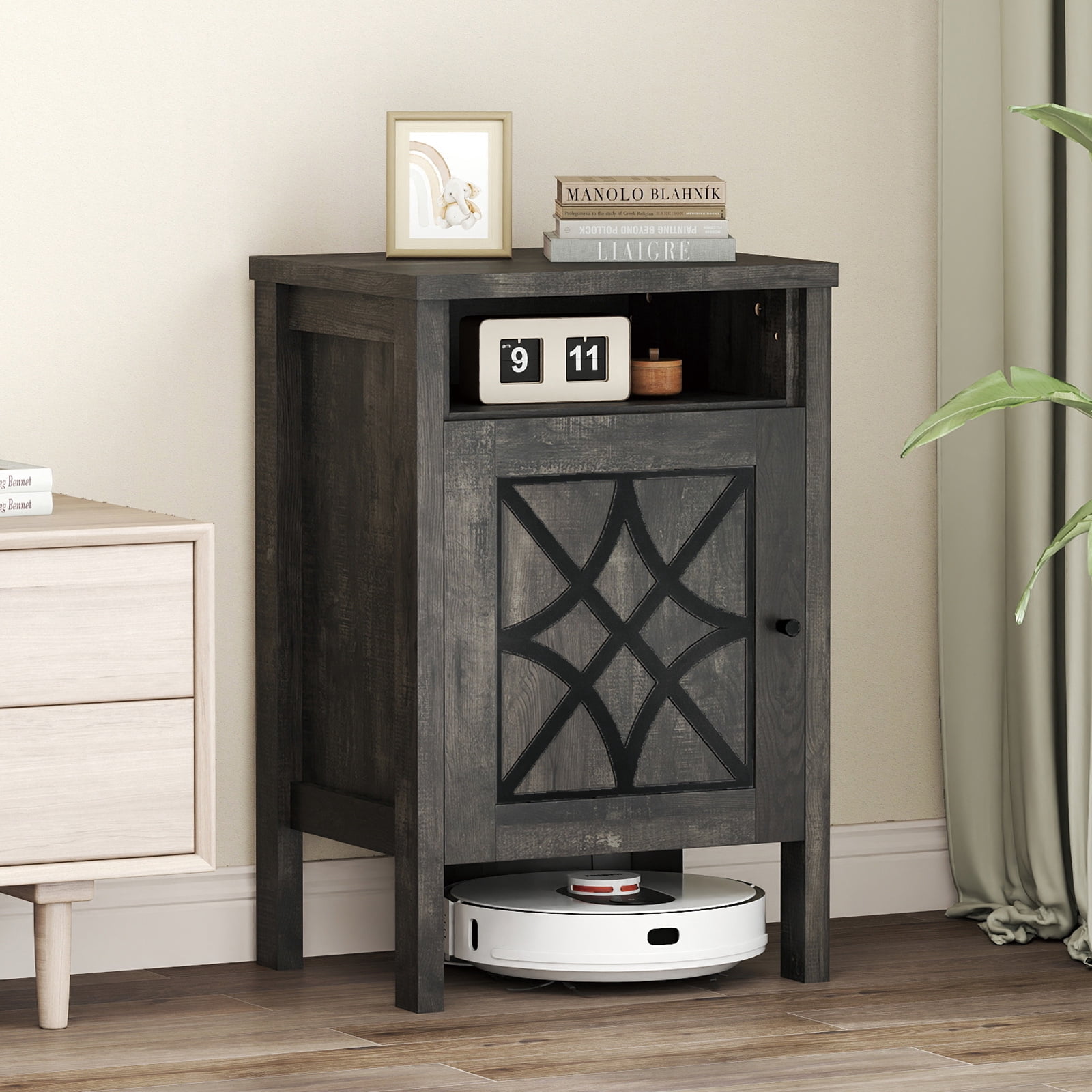 Gymax Robot Vacuum Stand Cabinet w/ Door & Open Shelf for Home Office Living Room Dark Grey