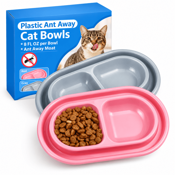 RAIRSKY Ant Away Outdoor Cat Bowl,Double Pet Bowl with Water Moat,Spill-Proof Design,Food&Water Feeder for Outdoor Cats-Ants Away,Easy Clean,Lightweight Plastic(Small,2 Packs)