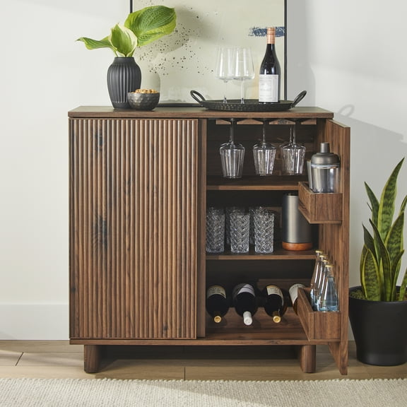 Better Homes & Gardens Lillian Fluted Bar Cabinet with Storage, Walnut Finish