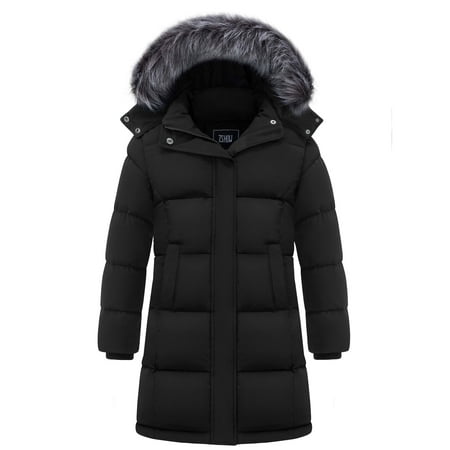 ZSHOW Girls' Recycled Winter Coat Warm Waterproof Puffer Parka Jacket with Removable Hood Black 10/12