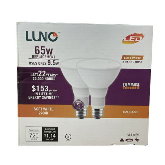 LUNO BR30 Dimmable LED Bulb, 9.5W (65W Equivalent), 720 Lumens Soft White 2 pack