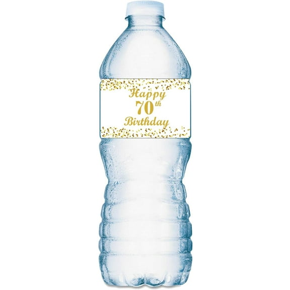 70th Birthday Water Bottle Labels; Set of 25 Waterproof Water Bottle Wrappers; Gold and White. Happy Birthday Labels