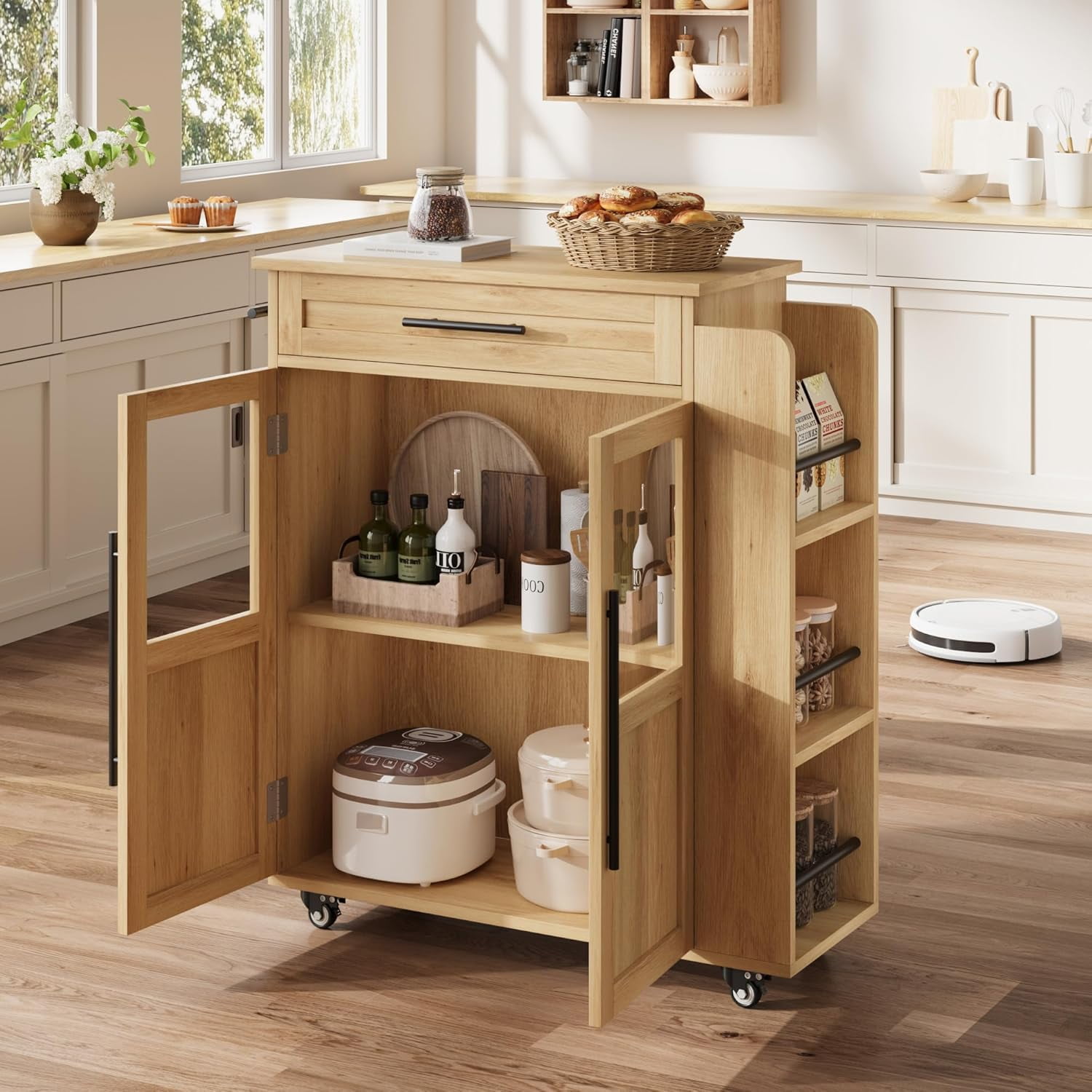 Garvee Oak Mobile Kitchen Island Cart with 360° Rolling Wheels, Drawers, Spice Rack, Black Handle – Versatile Storage & Serving Cart for Kitchen and Dining Room