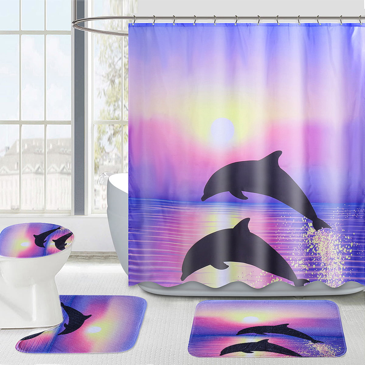Shower Curtain Toilet Cover Cushion, Dolphin Shower Curtain Hooks