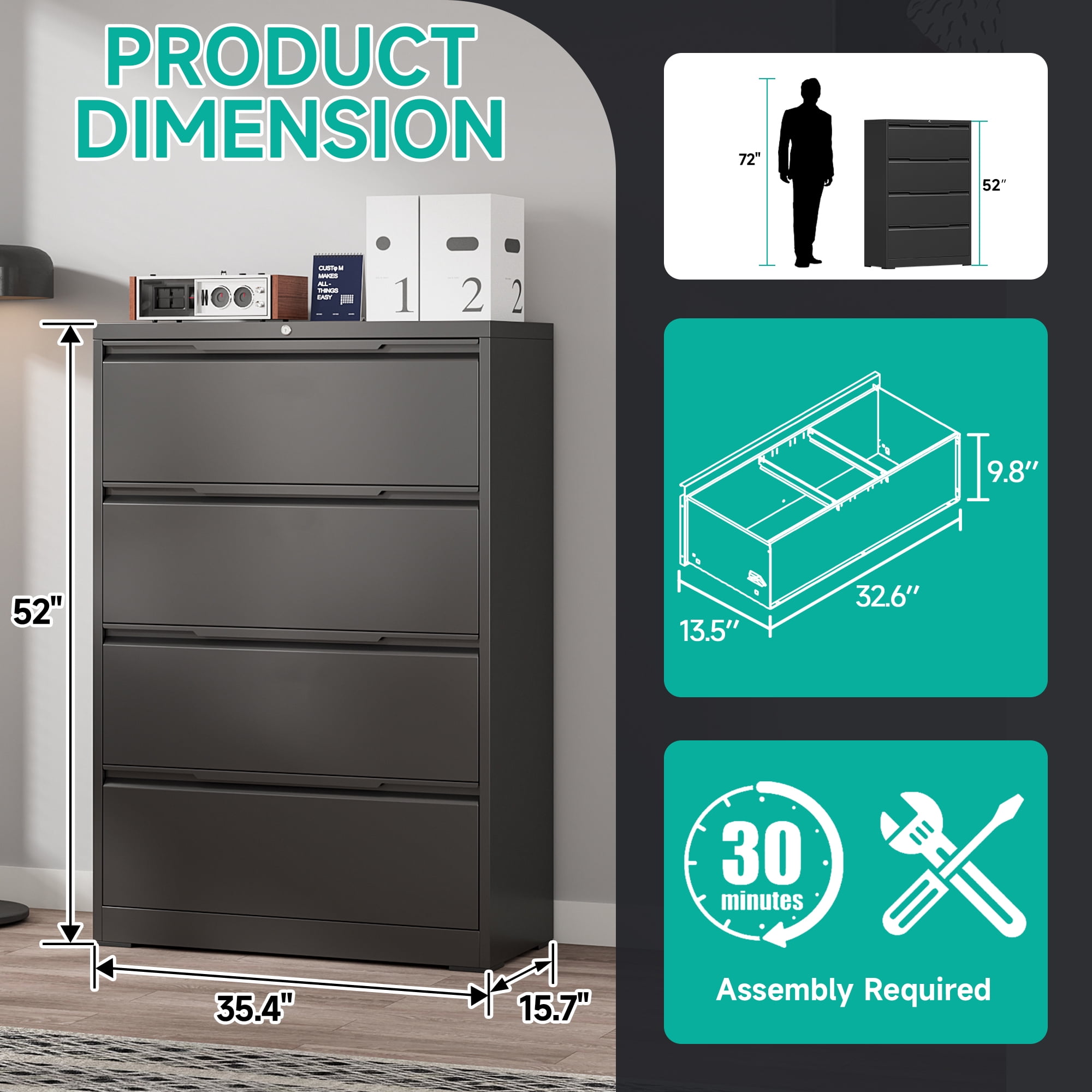 4 Drawer Lateral File Cabinet, Metal Lateral File Cabinet with Lock, Office Lateral Filing Storage Cabinet for Hanging Files Letter/Legal/F4/A4 Size, Easy Assemble Black