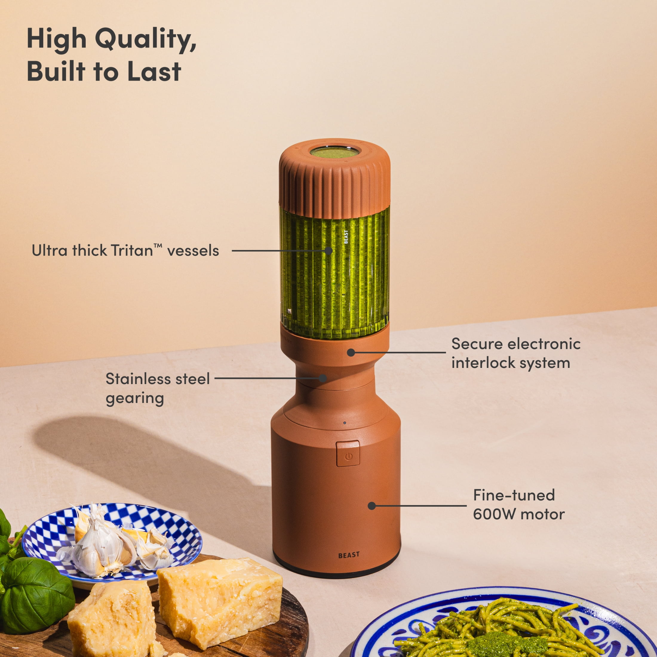 The Beast Mini® Blender | Compact, Personal Countertop Blender for Smoothies, Shakes, Food Prep, Frozen Fruits & Veggies, Sauces & Dips | Portable Bottle, Straw Cap and Straws | 600W Motor (Terra)