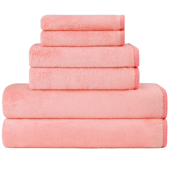 Juego de toallas de microfibra Orighty de 6 piezas, color rosa, suave y ligero