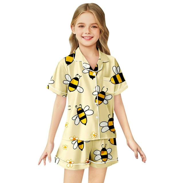 SXcggal Ensemble de Pyjama Imitation Soie à Manches Courtes pour Filles, Léger et Mignon pour Usage Quotidien