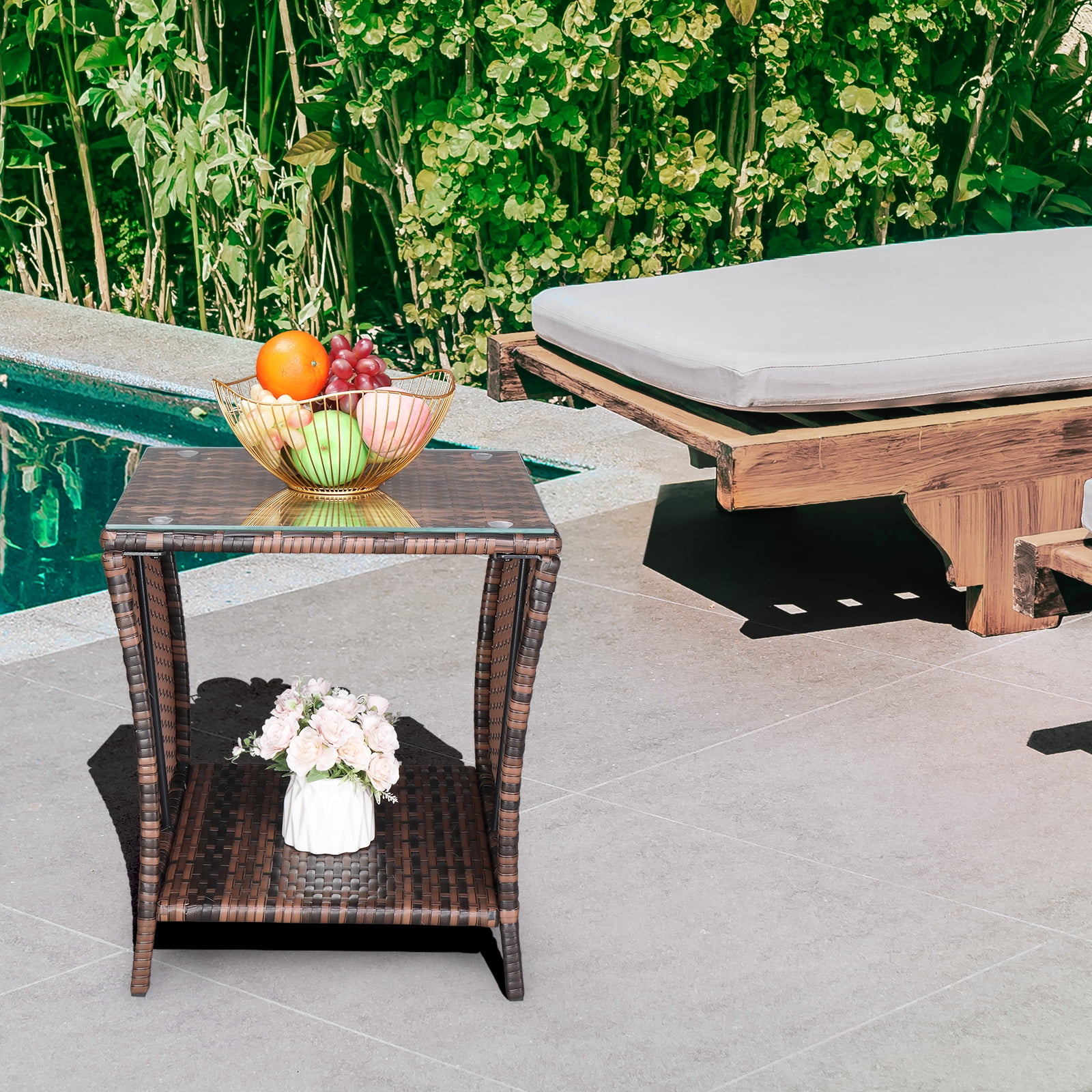Ktaxon Side Table Porch Square Side Coffee Table with Glass Top, Rattan End Table for Outdoor and Indoor, Brown