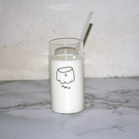 

Ins Korean Style Cartoon Glass Cup With Straw Transparent Coffee Milk Tea Mug Water Cup With Straw