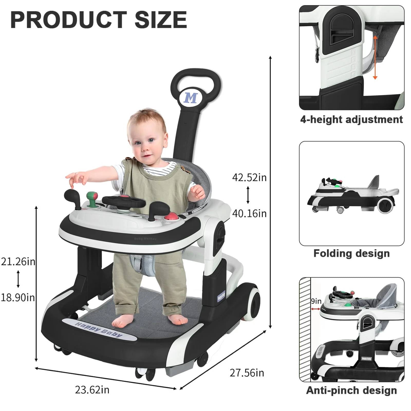 ManyFun 4-in-1 Musical Infant Baby Walker with Wheels functional, Height Adjustable, Foldable Design (Black)