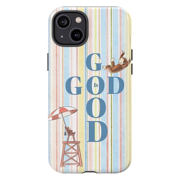 Cute Curious Monkey Phone Case, Aesthetic God Is Good Quote Striped Beach Cover for iPhone 17 16 15 14 13 12 11 Plus Pro Max Mini