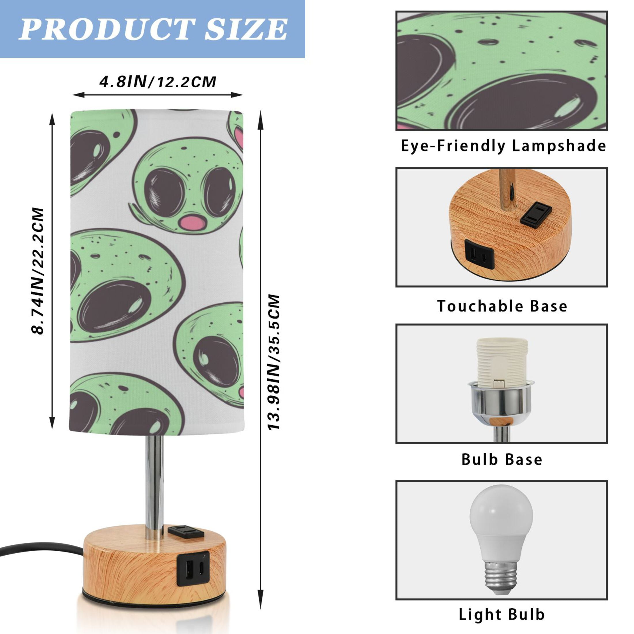 Touch-Control 3-Color Desk Lamp with Plug – Energy-Saving LED + 3 Simultaneous Charging Ports Cartoon Green Aliens