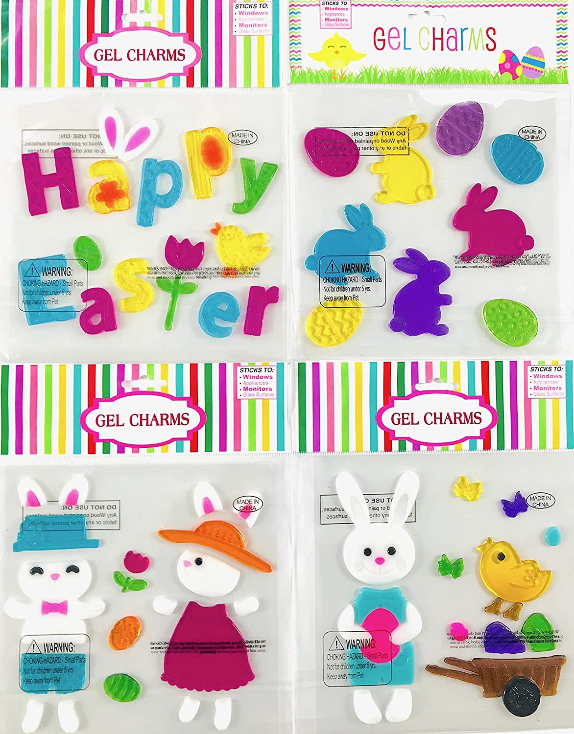 Easter Spring Window Clings Gel Decoration Pack Colorful Bunnies, Eggs