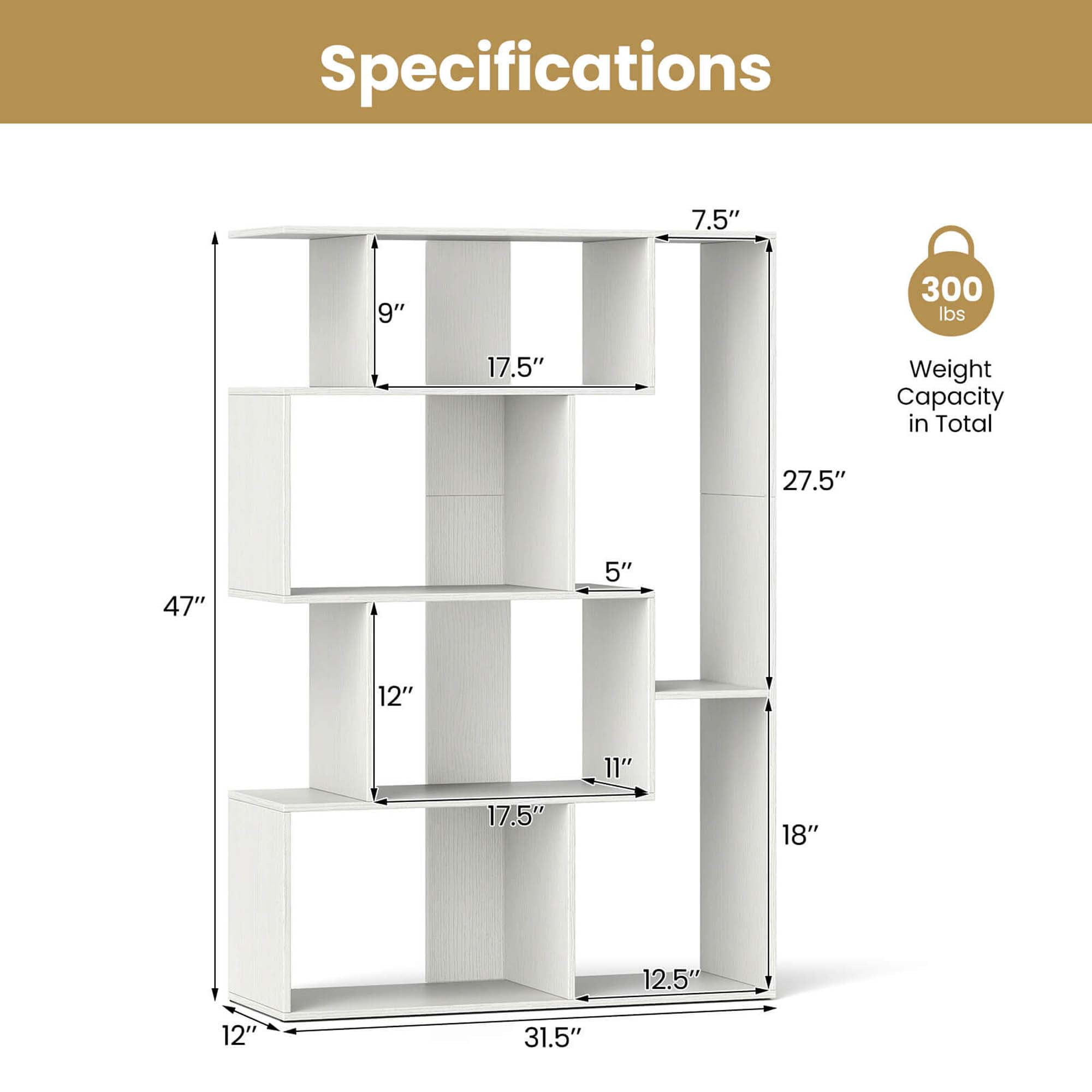 Costway 47" Open-back Geometric Bookshelf Home 6-Cube Large Bookcase with Anti-tip Kits White