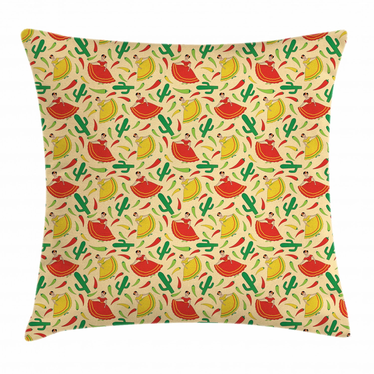 Spanish Throw Pillow Cushion Cover, Dancing Mexican Women Cactus and