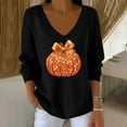 thumbnail image 2 of Uootdi Halloween Women's Long Sleeve Shirts Sequin Pumpkin Print Maple Leaf Casual Striped Fabric Gift T-Shirt, 2 of 3