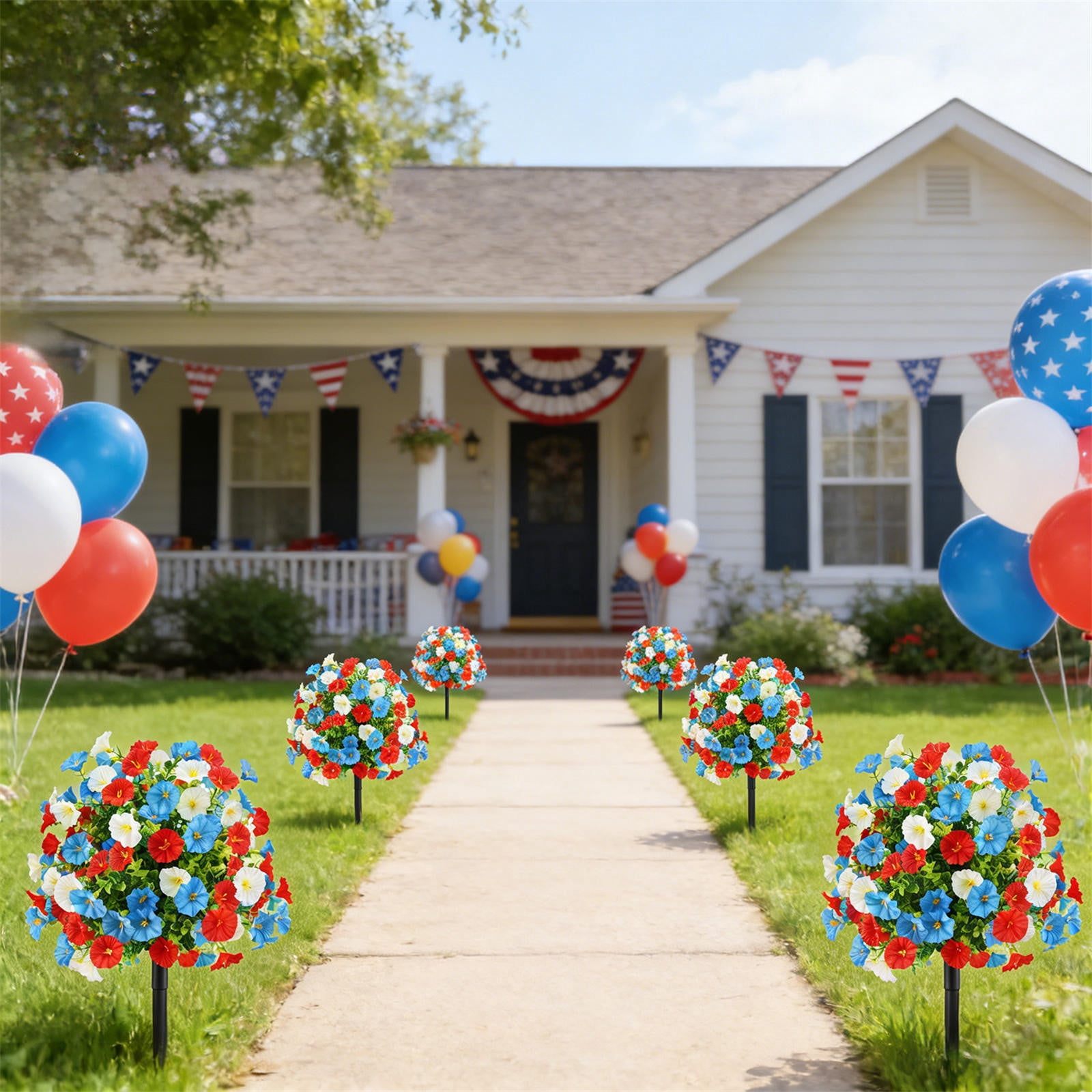 geerera 4th of July Patriotic Artificial Flower Topiary Stake, Red White Blue Fake Flower Yard Stake for Independence Day Outdoor Garden Decor