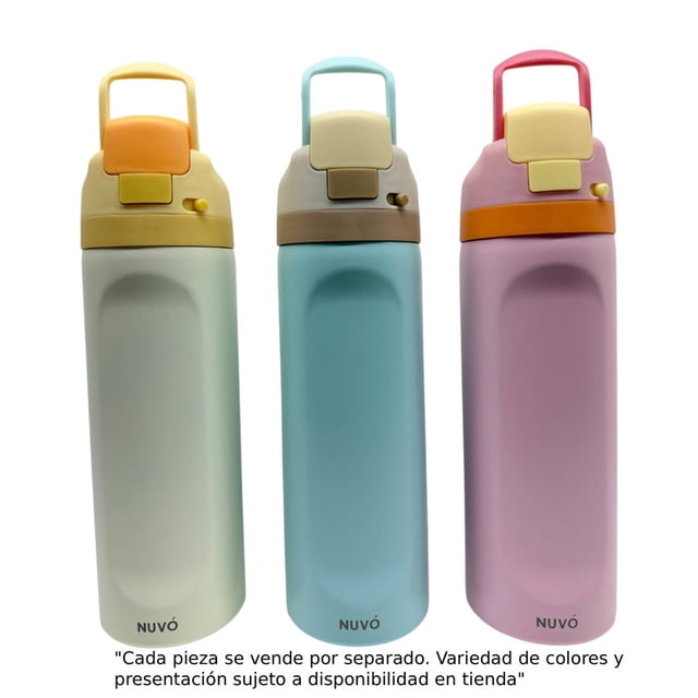 termo nuvó de acero doble pared insulado 3 colores de 750 ml Multicolor — tres termos Nuvó en vista frontal 3/4; cuerpos de acero inoxidable mate en tonos pastel (verde menta, azul cielo, rosa), tapa con asa plegable y cierre antigoteo en contrastes amarillo, beige y naranja y logo NUVÓ en la base; aislamiento al vacío para conservar calor o frío, adecuado para café, té o bebidas deportivas.