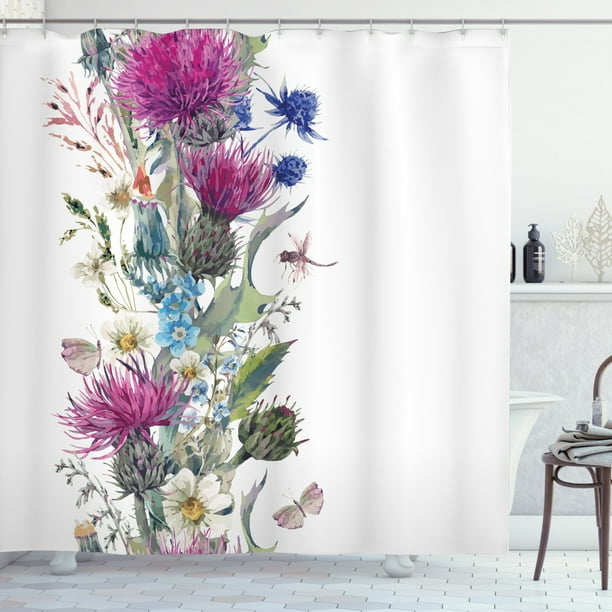 Thistle Shower Curtain Vintage Vertical Herbal Border With Blooming Meadow Flowers Chamomile And Dragonfly Fabric Bathroom Set Hooks 69w X 70l Inches Multicolor By Ambesonne Com Thistle Shower Curtain Vintage, Thistle Shower Curtain