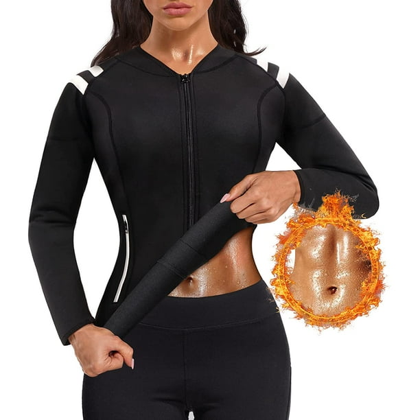 Scarboro Women Hot Neoprene Sauna Suits Long Sleeve Running Workout Jacket  Tops Sweat Waist Trainer Slimming Body Shaper Shirt black Medium