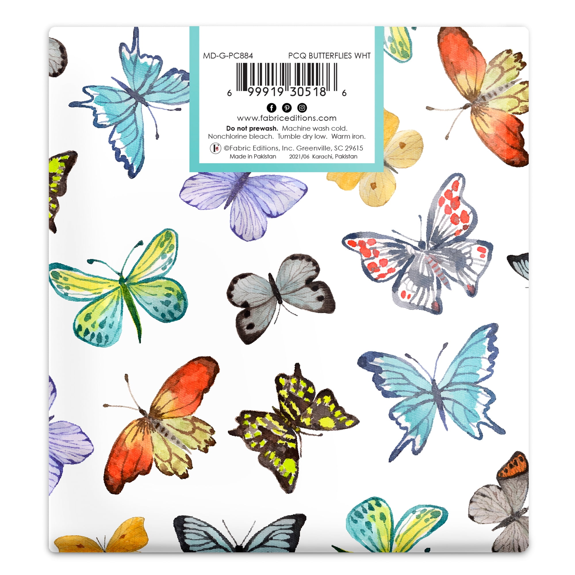 Create It 18"x21" Cotton Butterflies Precut Sewing & Craft Fabric, White 10 Pieces