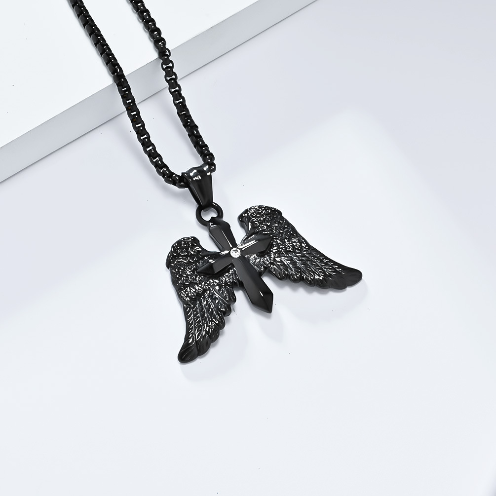 Angel Wing Cross Necklace, Vintage Cross Pendant, Christian Jewelry, Men's Gift, 23.62-inch