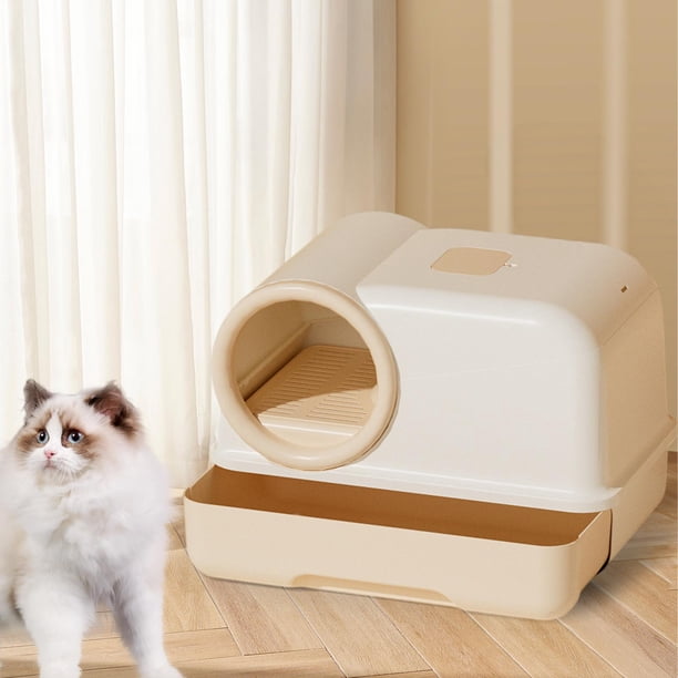 Caja de arena para gatos cerrada, inodoro a prueba de salpicaduras con pala, suministros para mascotas, bandeja de arena para gatos, orinal para gatos Beige