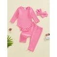 thumbnail image 2 of FEORJGP Toddler Baby Girls 3 Piece Basic Outfits 0 3M 6M 12M 18M Infant Long Sleeves Romper Solid Color Ribbed Jumpsuits and Elastic Pants Headband Kiasual Cute Clothes for Spring Fall Daily, 2 of 7