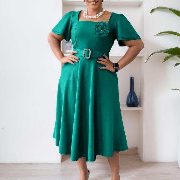 AURA Plus Size Square Neck A Line Midi Dress High Waist Large Skirt Bell Sleeve Solid Color Belted Dress with Flower