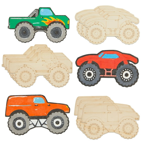Bright Creations Wooden Cars to Paint - 24 Pieces, 4.6 x 3 in, 0.1 in Thick - Monster Truck Wood Cutouts for Craft Supplies & Party Decorations