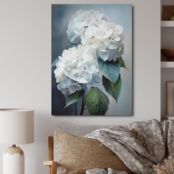Designart "White Hydrangea Hues" Floral Canvas Print