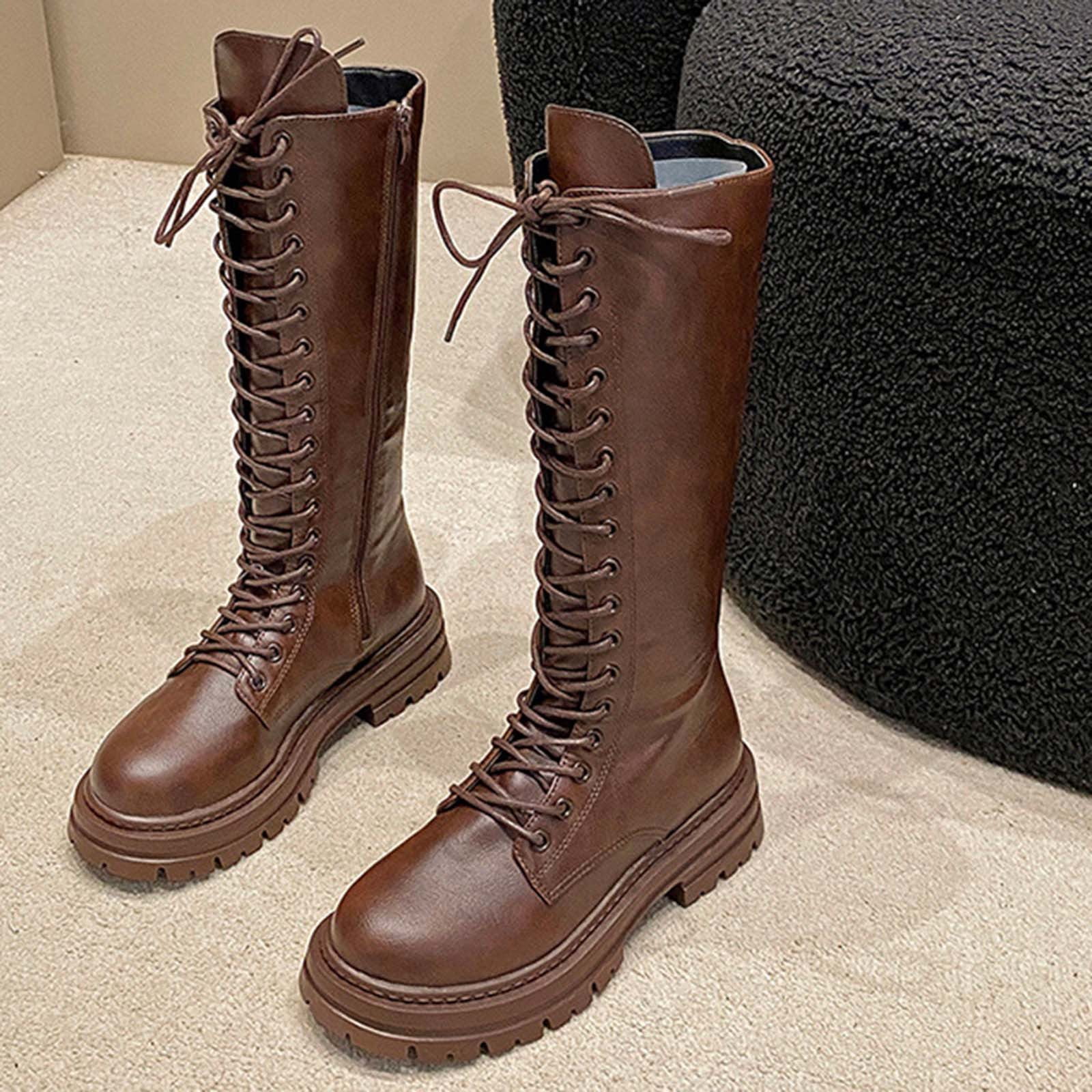 Xfvqtps Womens Lace up Knee High Boots Chunky Flatform Martin