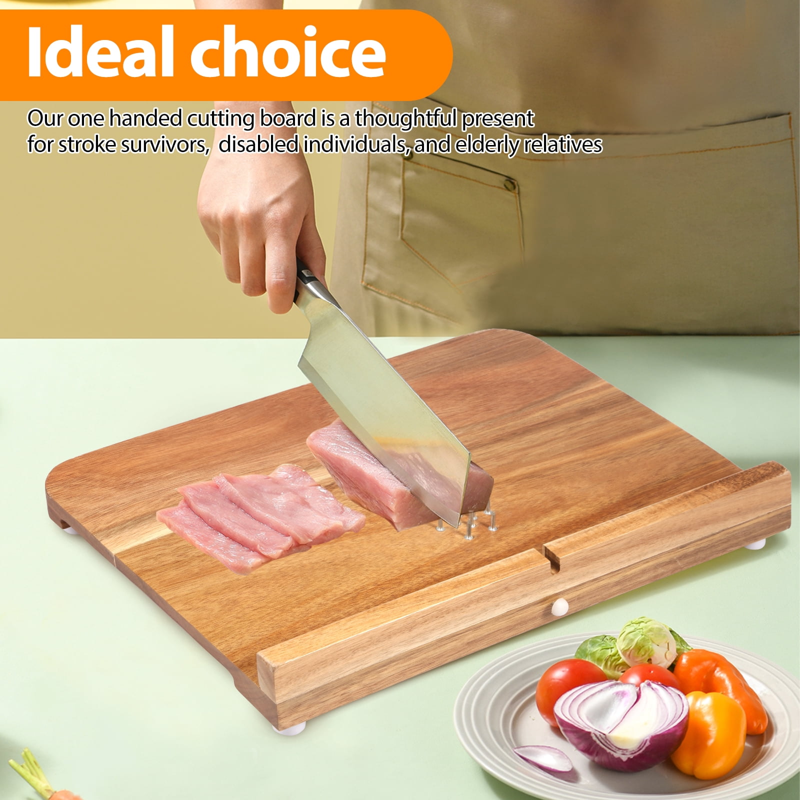 LINFANG Wooden Adaptive Cutting Board With Spike Smooth Surface Handicapped Kitchen Board With Anti Slip Bottom for Vegetable Fruit Meat