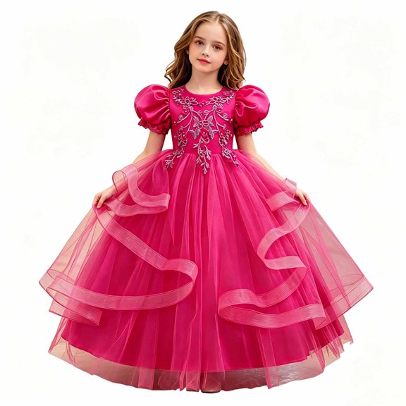 JAJAHO Elegant Girls Evening Dress Satin Lace Trim Puff Short Sleeve Beaded Appliques Maxi Ball Gown Flower Girl Dress For Wedding Party Prom 4-14Y