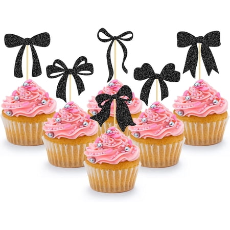 12 Pack Black Glitter Bow Cupcake Toppers Bow Shaped Cupcake Picks for Birthday Baby Shower Bridal Shower Party Cake Decorations Supplies