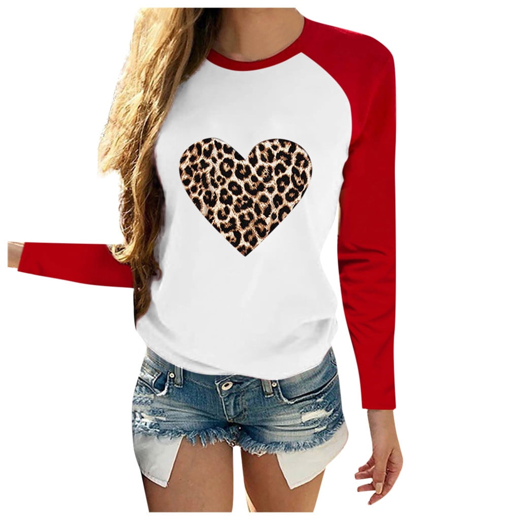 S-3XL Womens Valentines Day Casual Crewneck Leopard Print Heart Shaped Regular Tops