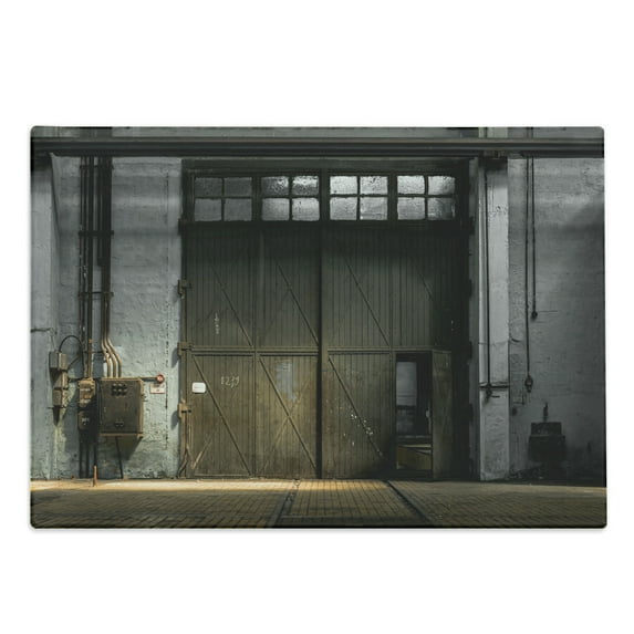 Industrial Cutting Board, Enter of an Old Factory Building from 50s Broken Rusty Door Empty Storage Photo, Decorative Tempered Glass Cutting and Serving Board, Large Size, Grey Brown, by Ambesonne