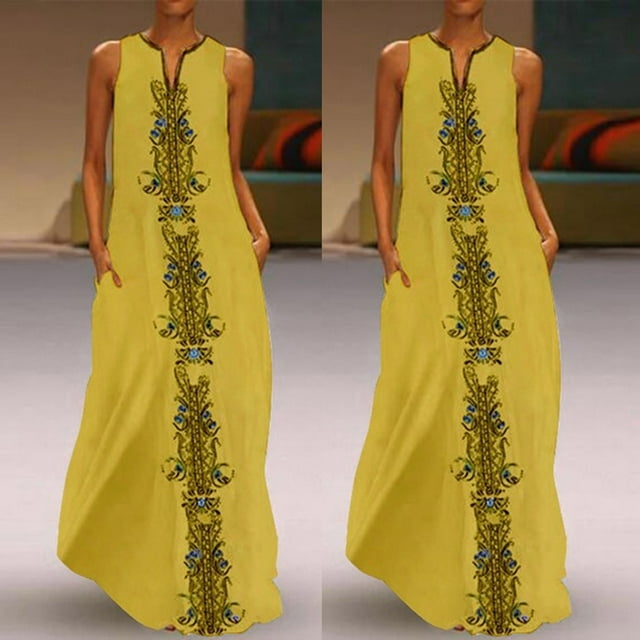 SMihono Robe Bohème d'Été pour Femmes Grande Taille Femmes Vintage Quotidienne Décontractée Sans Manches à Rayures Imprimée à Col en V Robe Maxi d'Été
