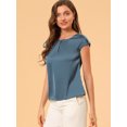 thumbnail image 4 of Blusa sedosa para mujer, cuello redondo, plisado, informal, elegante, superior Azul S, 4 of 6