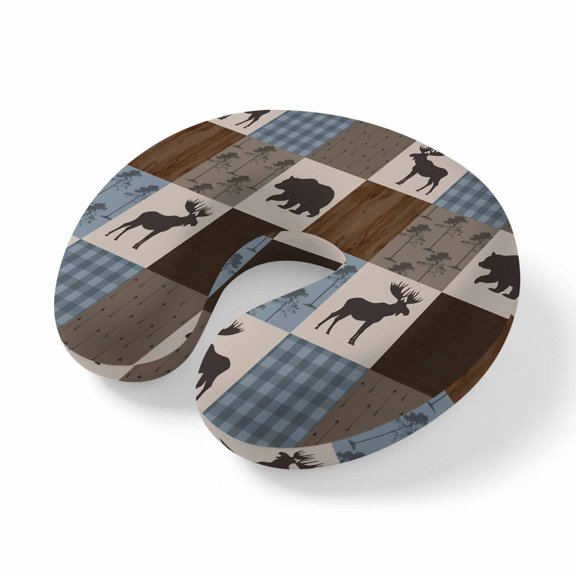 Neck Pillow for Travel,Retro Deer Bear Plaid Check Memory Foam U Shaped Pillows,Portable Headrest Abstract Patchwork Pattern Neck Head Support Cushion for Home Office Car Airplane Sleeping